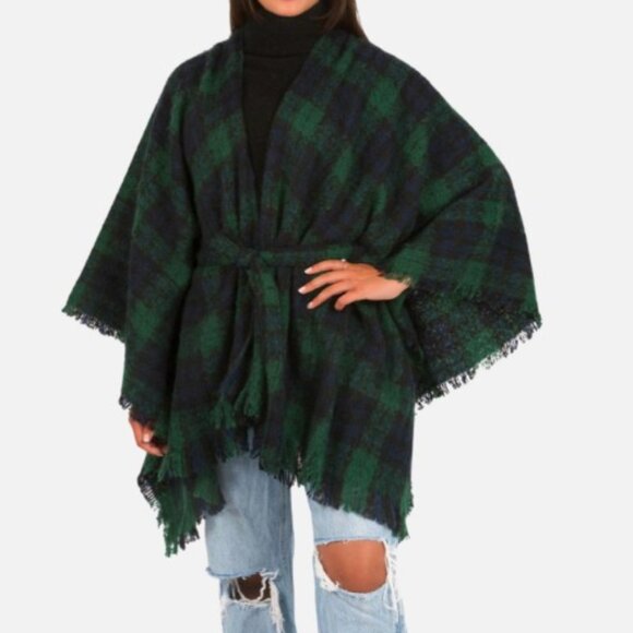 Sweaters - NWT Green Plaid Soft Knit Ruana Wrap Shawl with Tie Belt & Fringe Detail | Cozy